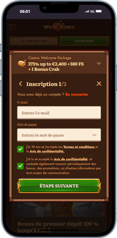 Inscription et Connexion Wild Robin Casino France